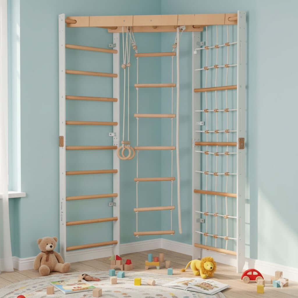 Kinder Eck-Kletterwand aus Holz, versch. Farben mit Sprossenwand, Kletternetz und Ringen.