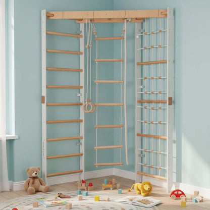 Kinder Eck-Kletterwand aus Holz, versch. Farben mit Sprossenwand, Kletternetz und Ringen.