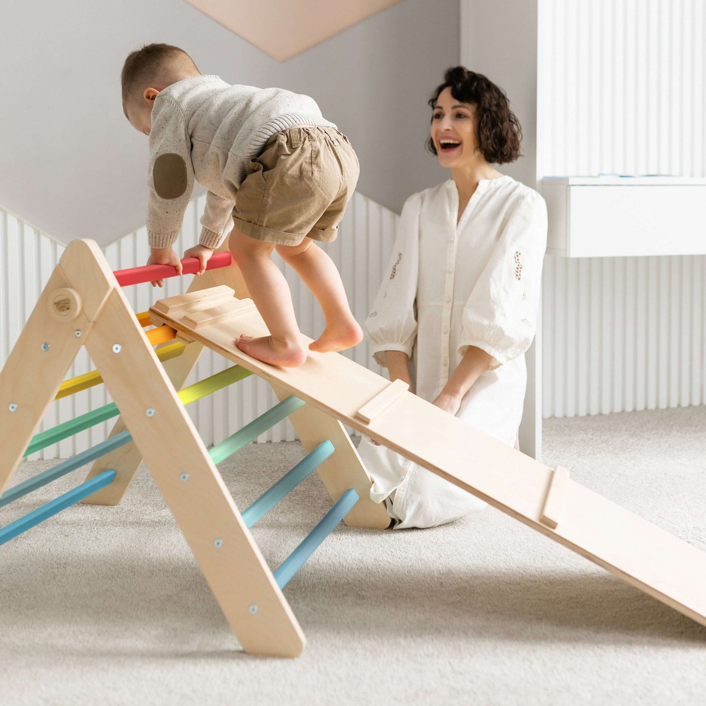 Set Pikler triangle, slide board, swing arch - various colors