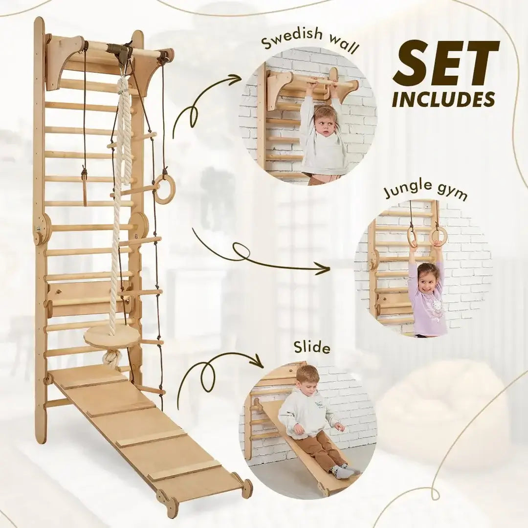 3in1: Swedish wall / wooden climbing ladder for children + swing set + slide board