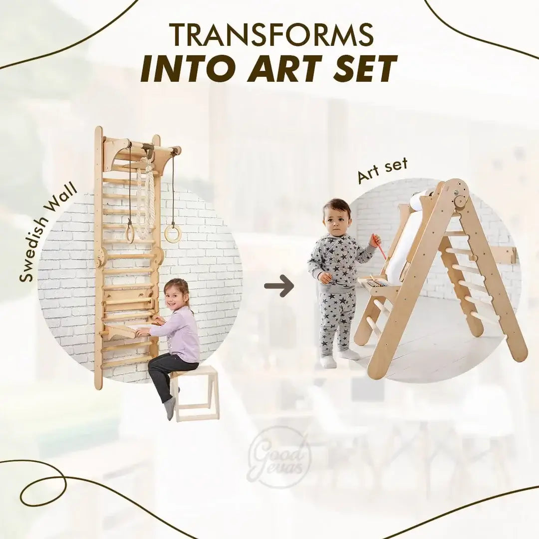 5in1: Swedish Wall / Wooden Wall Bars For Kids + Swing Set + Slide + Art Add-On