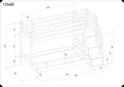 Holz Etagenbett HANNES für 3 Personen mit Stufenregal, 80x200 cm & 120x200 cm, versch. Farben
