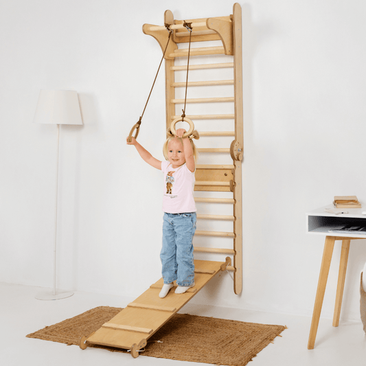 3in1: Schwedische Wand /Kletterleiter Aus Holz Für Kinder + Schaukel-Set + Rutschbrett