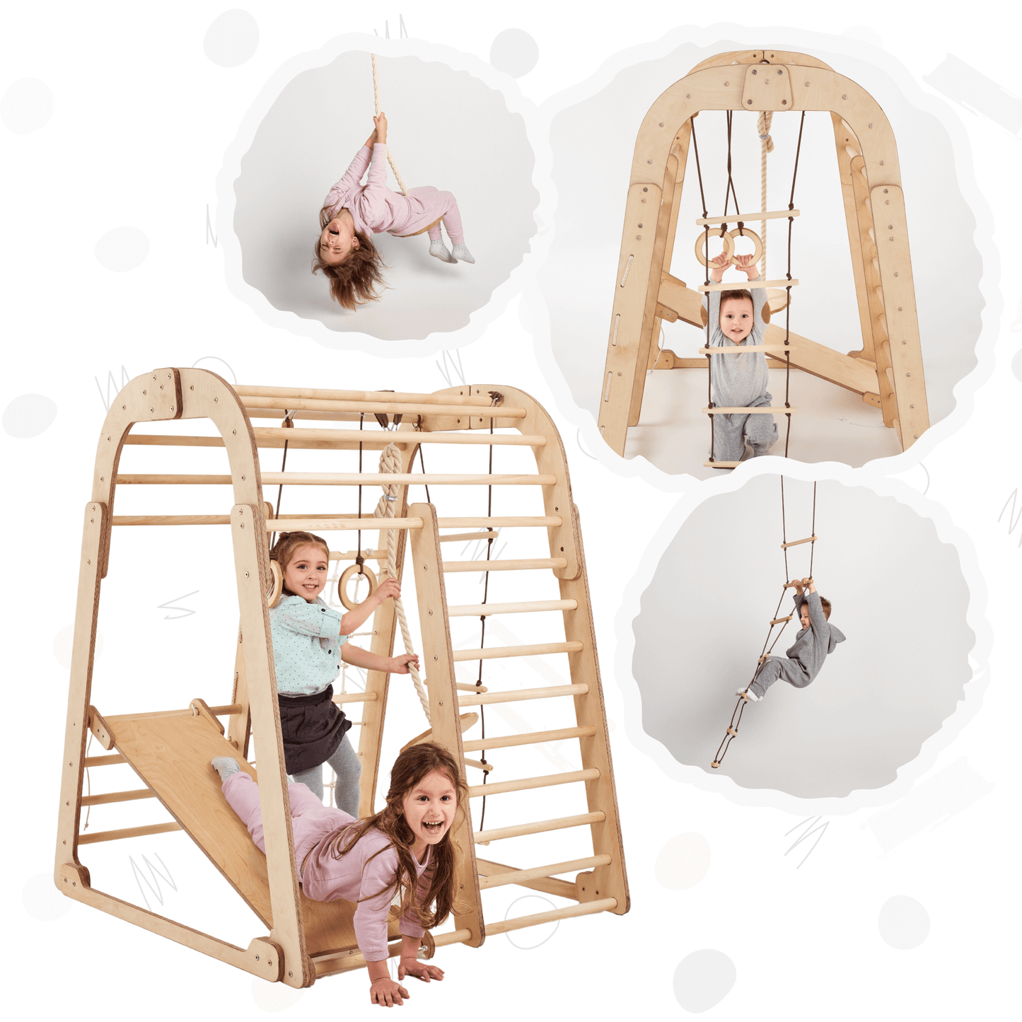 Indoor wooden playground for children + swing set + slide board