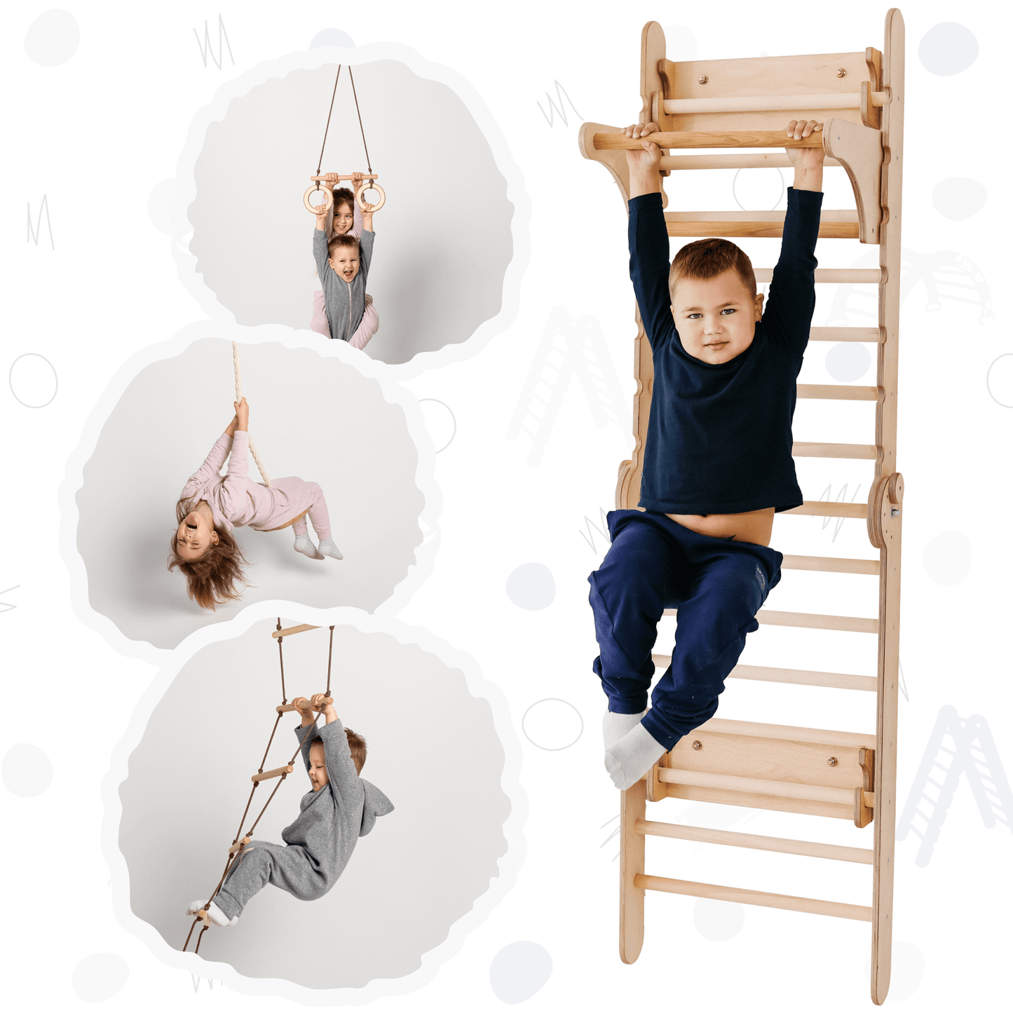 Swedish Wall / Wooden Wall Bars For Children + Swing Set