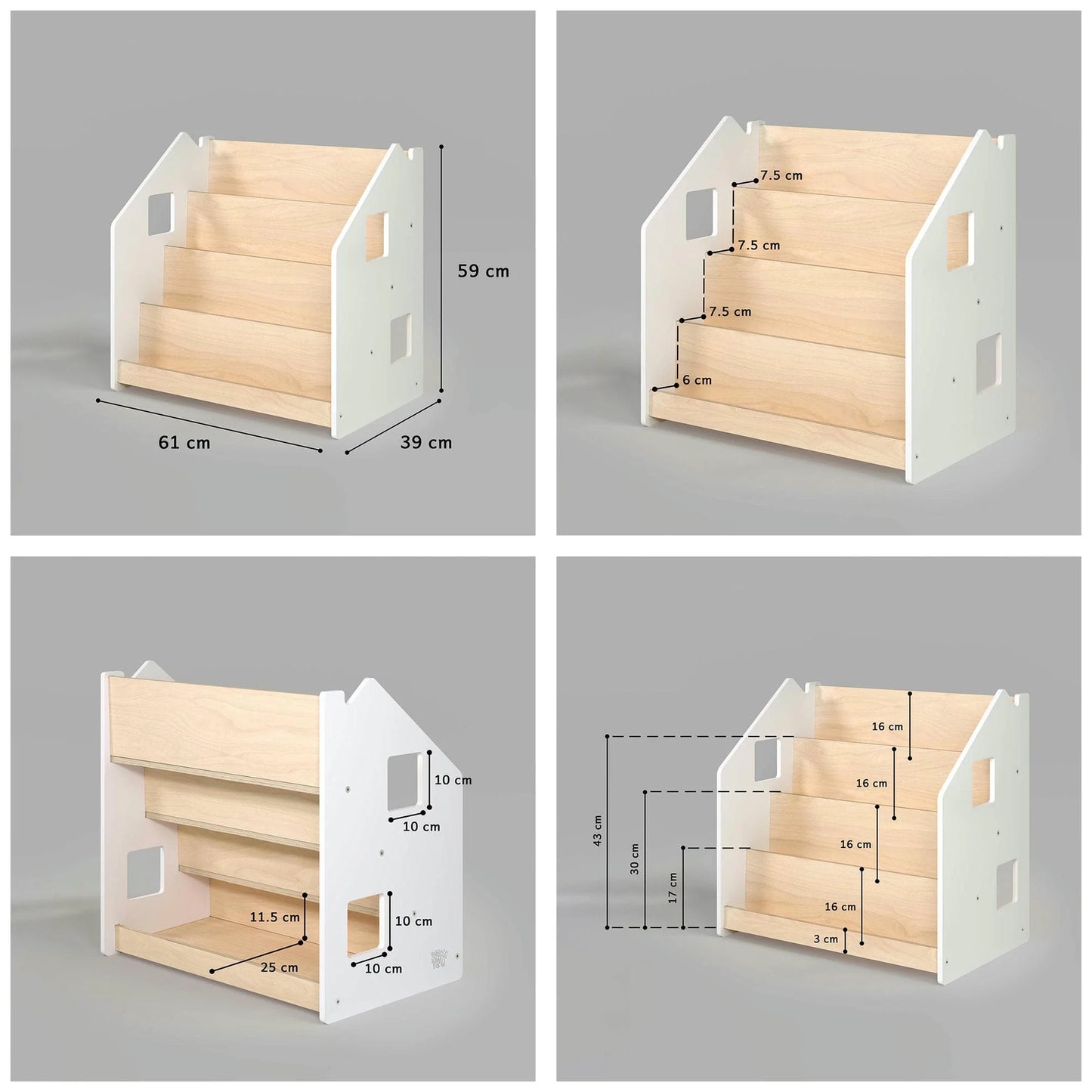 Boekenplankhuizen, verschillende kleuren