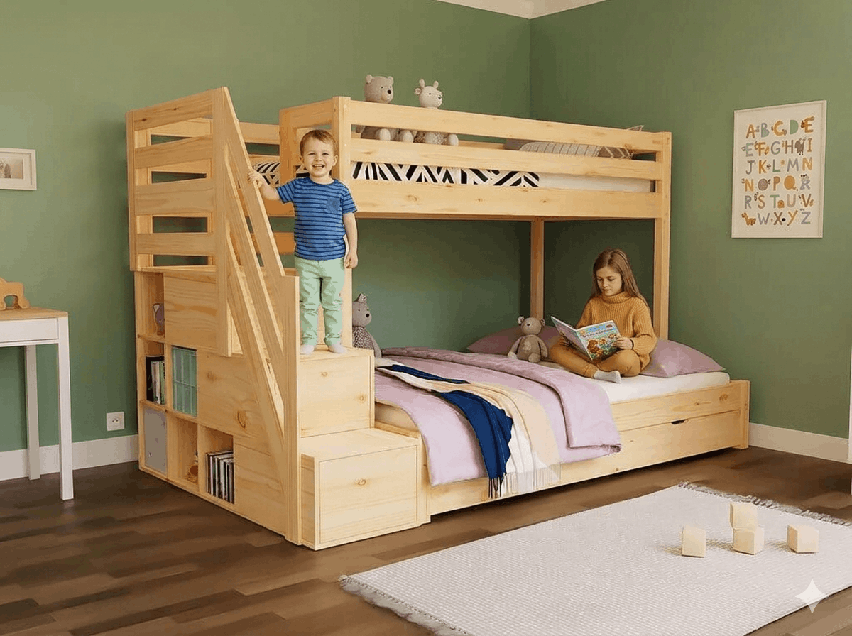 Holz Etagenbett HANNES für 3 Personen mit Stufenregal, versch. Farben