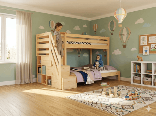 Holz Etagenbett HANNES mit Stufenregal ohne Unterbett