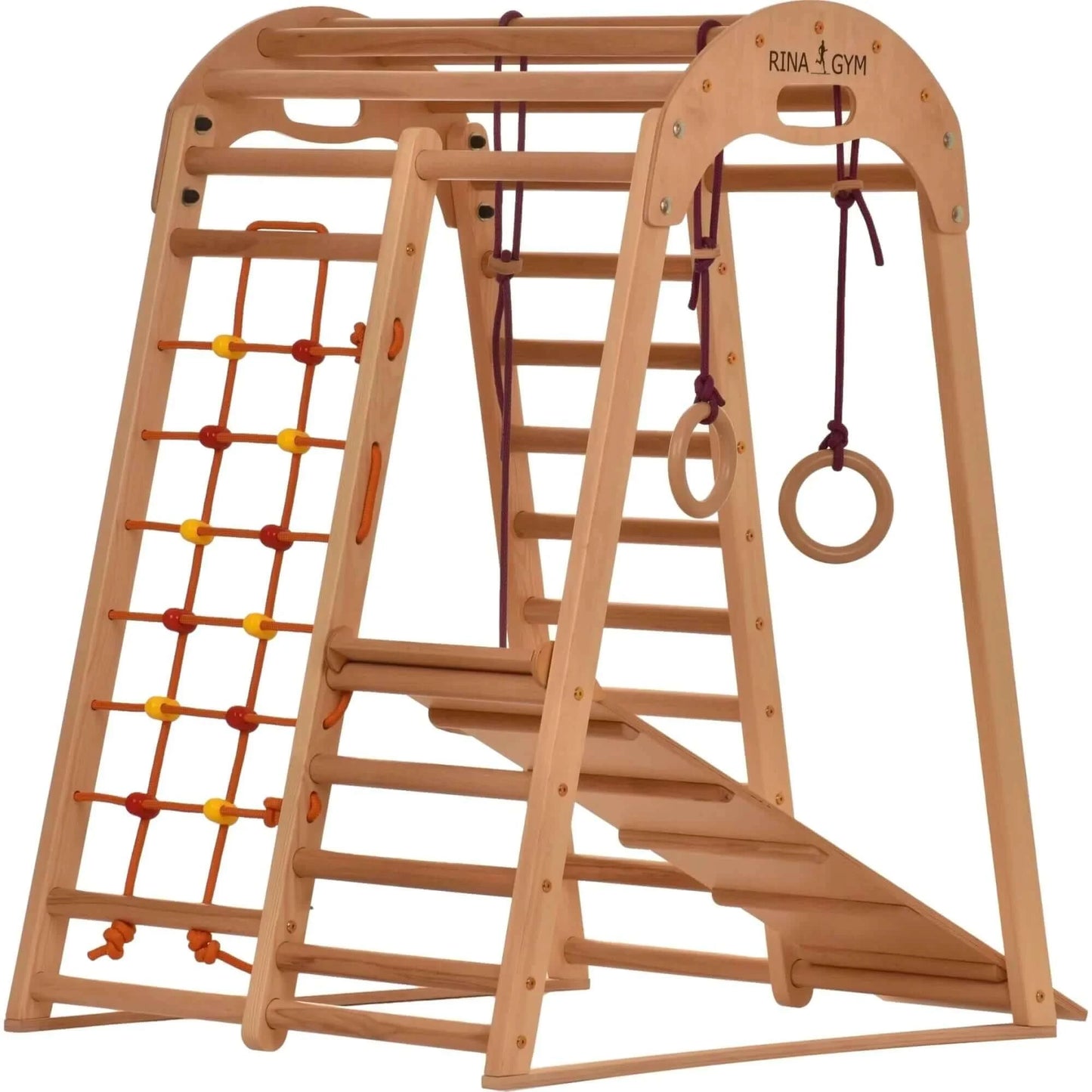 Indoor Spielplatz - Kletternetz, schwedische Leiter, Ringe, Rutsche - unbehandeltes Holz