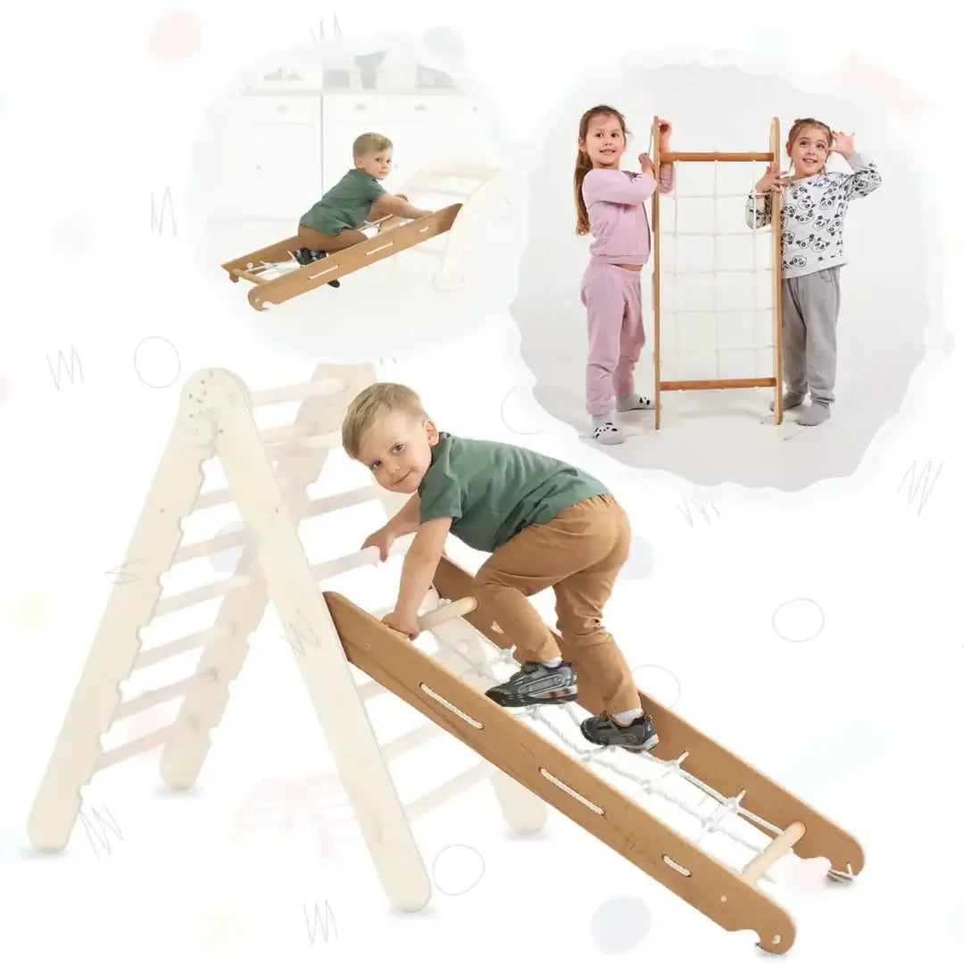 6in1 Montessori climbing set: climbing triangle + arch/seesaw + slide/ramp + net + cushion + artificial addition