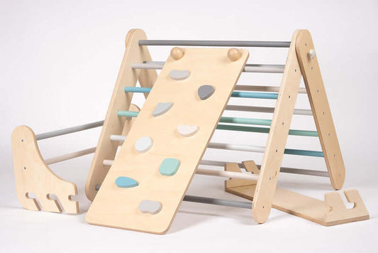 Pikler climbing triangle with ramp &amp; wall bars
