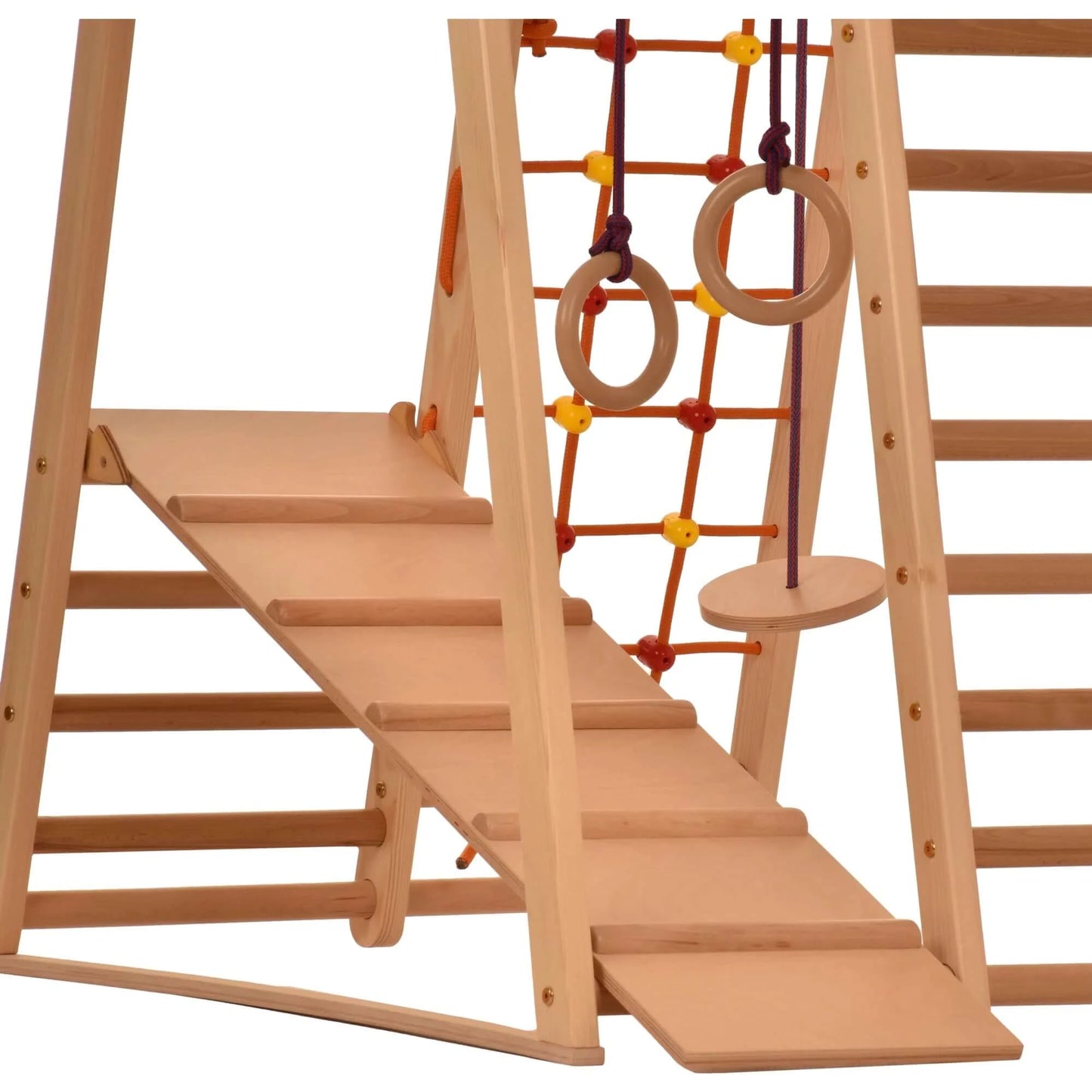 Indoor playground made of wood - climbing net, Swedish ladder, rings, slide