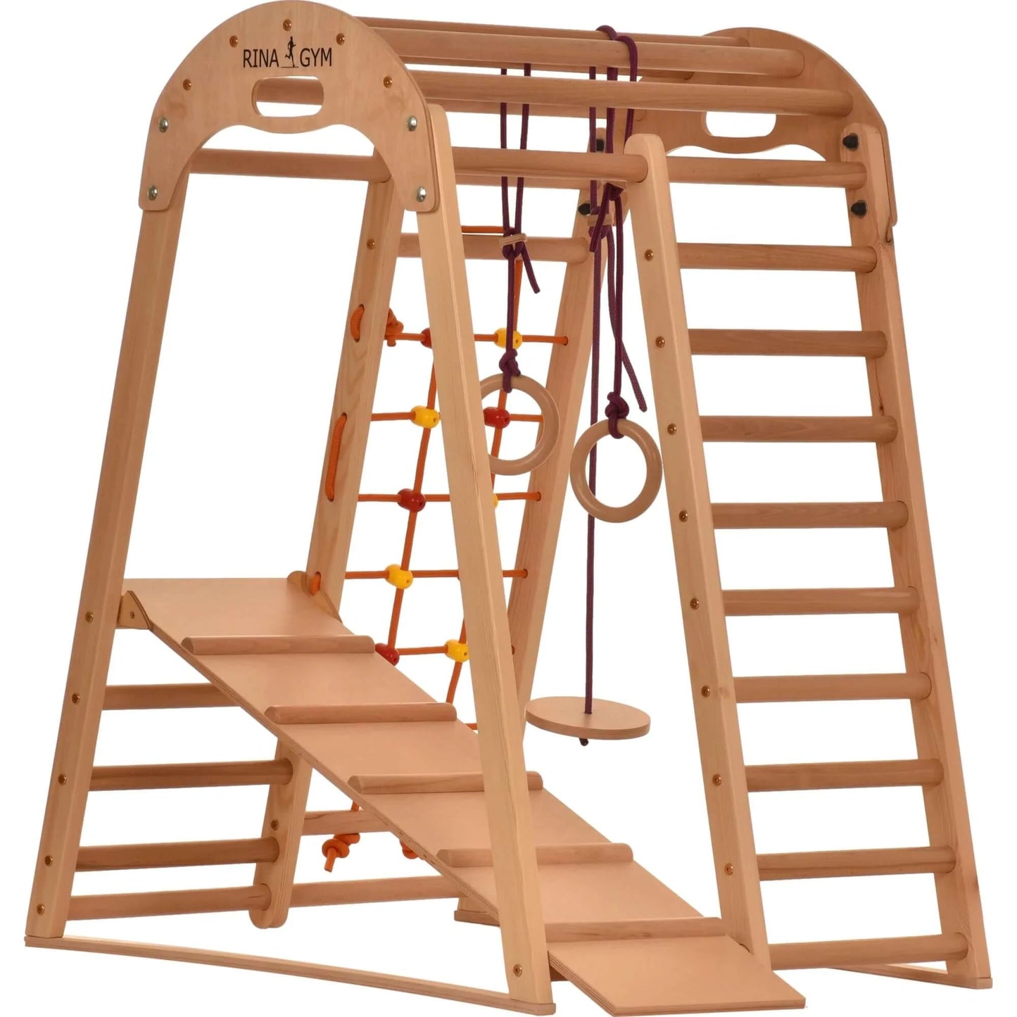 Indoor playground made of wood - climbing net, Swedish ladder, rings, slide