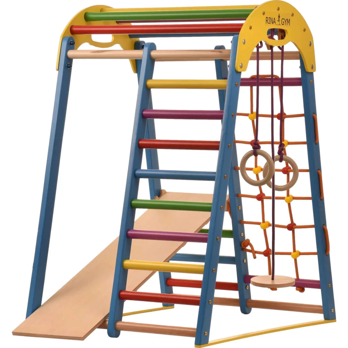 Indoor blue playground made of wood with climbing net, swedish ladder, rings, slide