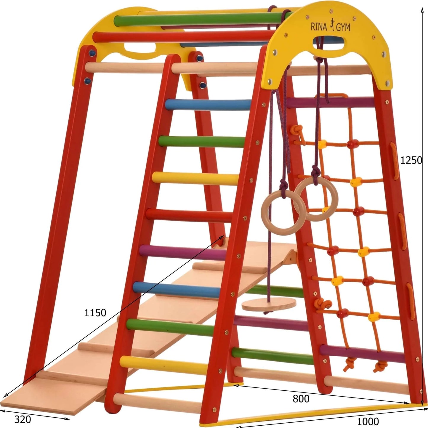 Indoor playground red made of wood - climbing net, swedish ladder, rings, slide