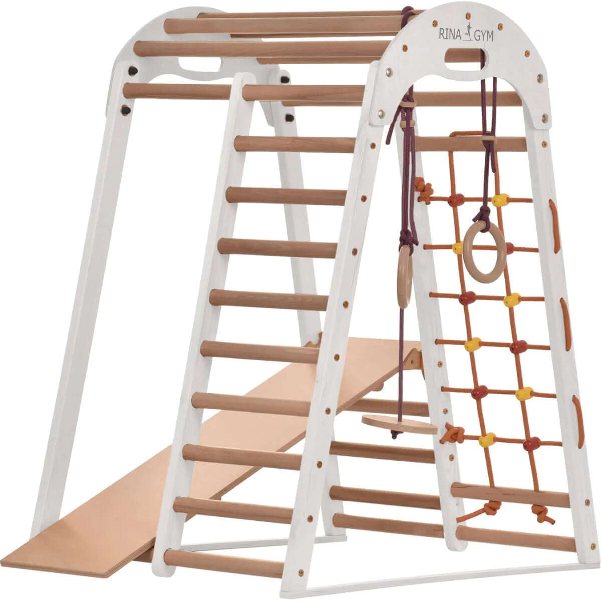 Indoor playground white made of wood - climbing net, swedish ladder, rings, slide